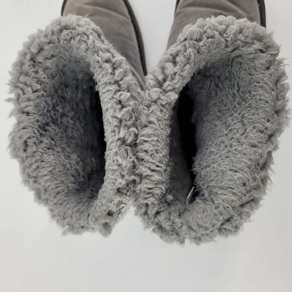 Muk Luks Boots 8 Gray Short Rib Knit Double Buckle Vegan Faux Suede Pull On - Picture 8 of 11